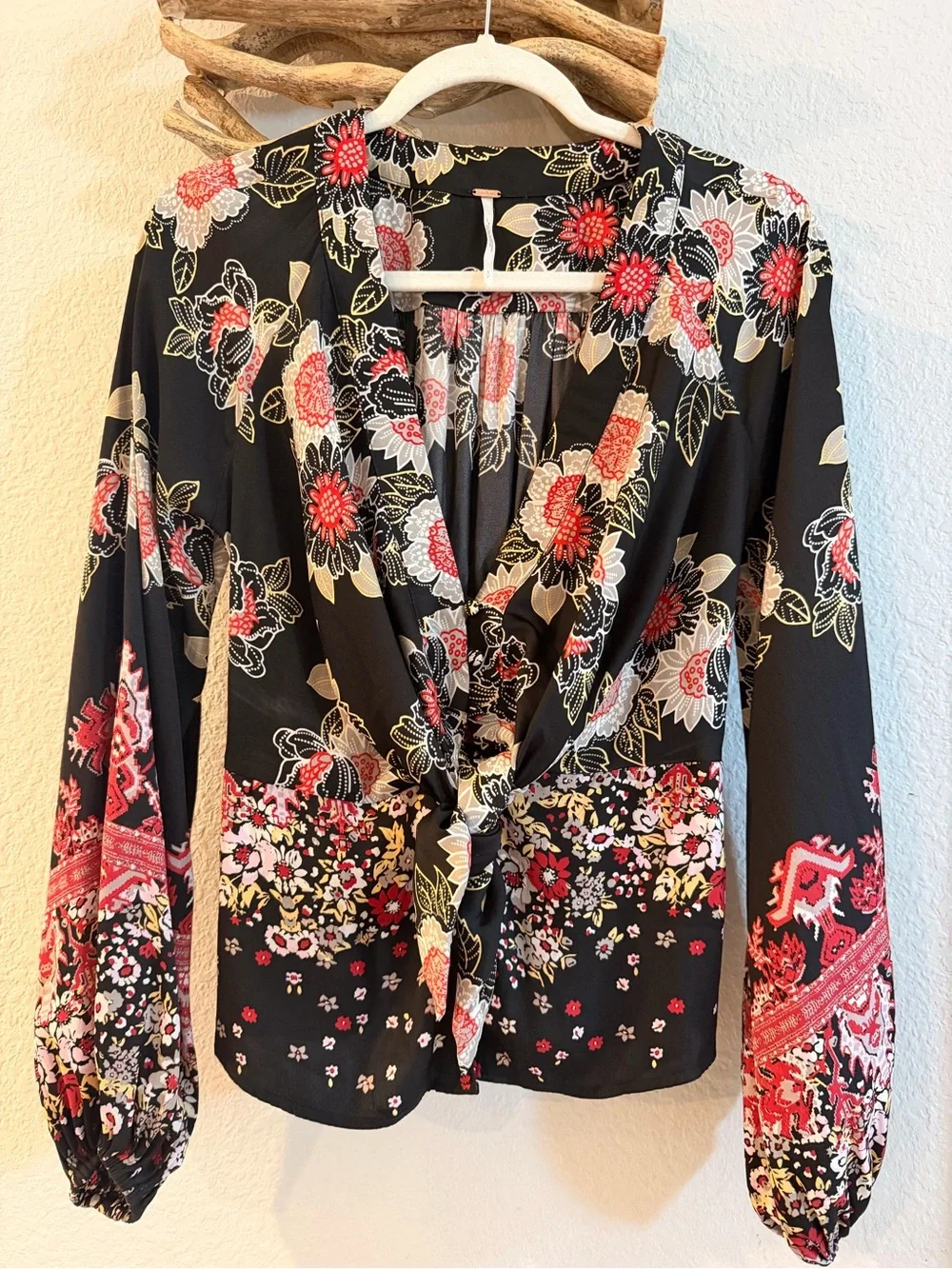 Free People top Black Floral Tie-Front Blouse silky Sz S